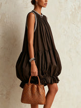 Colette | Mini Robe Sans Manches Marron à Ourlet Bouffant