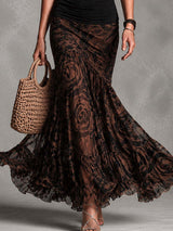Retro Black Cami and Brown Printed Mesh Skirt Set