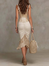 Beige Bohemian Lace Trim Ruched Midi Dress