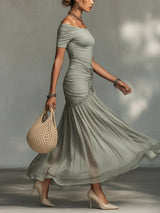 Grey Stretch Fabric And Chiffon Maxi Dress