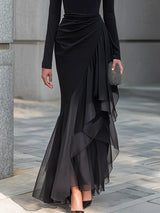 Black Draped Off Shoulder Cowl Neck Long Sleeve Chiffon Ruffle Mermaid Maxi Dress