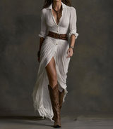 Liliane | Pleated Linen-Blend Maxi Dress with Reverse Collar
