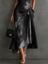Red Black Abstract Print Wrap Midi Dress