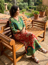 Simone | Robe Midi à Motifs Mélangés et Col en V