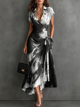Red Black Abstract Print Wrap Midi Dress