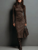 Lorène | Brown Midi Dress with High Collar