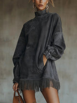 Maëlle | Faux Suede High-Collar Dress with Fringe
