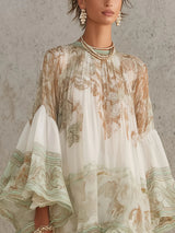 Rosalie | Robe Mini en Mousseline à Manches Volantées et Ourlet Rayé Vert