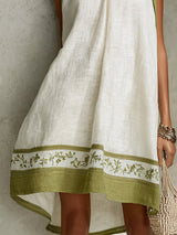 Agathe | Robe Mini Trapèze Sans Manches Blanche et Vert Olive à Fleurs
