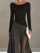 Black And Gray Two-tone Patchwork Draped Neckline Pleated Maxi Dress