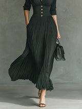 Elvire | Pleated Maxi Dress with Lapel Collar and High Waist