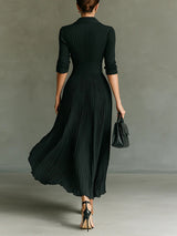 Elvire | Pleated Maxi Dress with Lapel Collar and High Waist