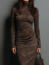 Lorène | Brown Midi Dress with High Collar