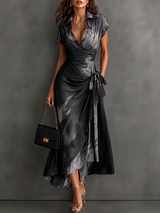 Red Black Abstract Print Wrap Midi Dress