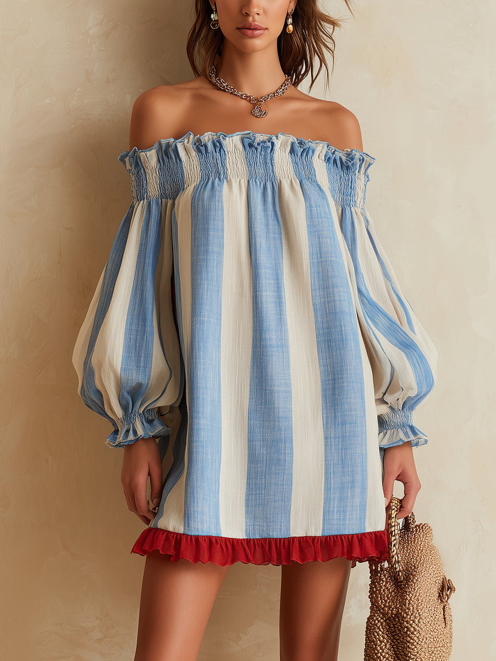 Ondine | Mini Robe Rayée Bleu et Blanc à Épaules Dénudées et Ourlet Contrasté