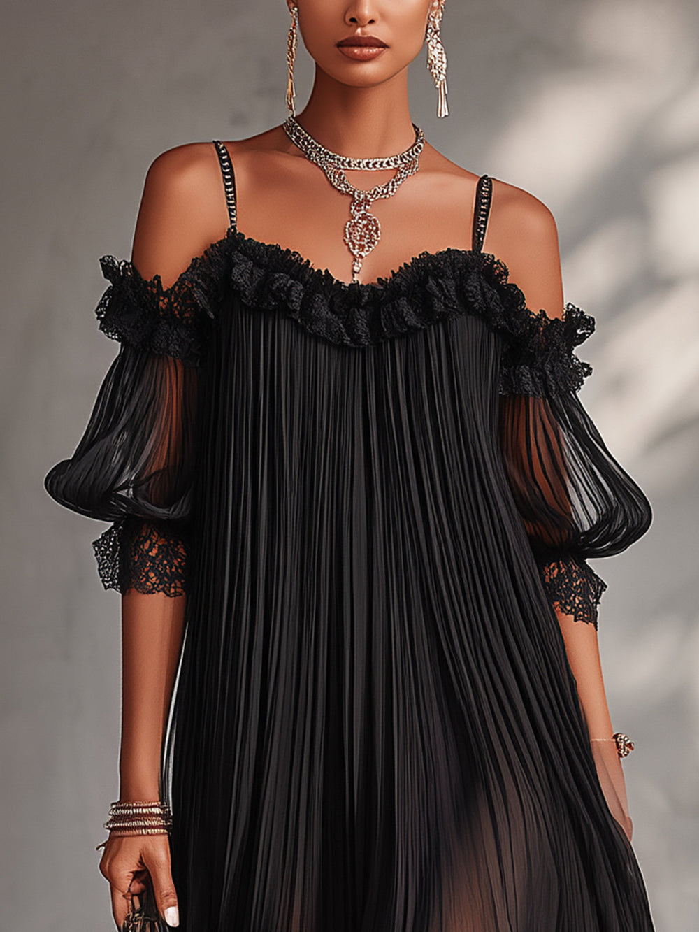 Camille | Robe Mini en Mousseline Noire à Épaules Dénudées et Bordure en Dentelle