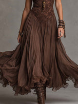 Dark Brown Lace-Paneled Chiffon Maxi Dress
