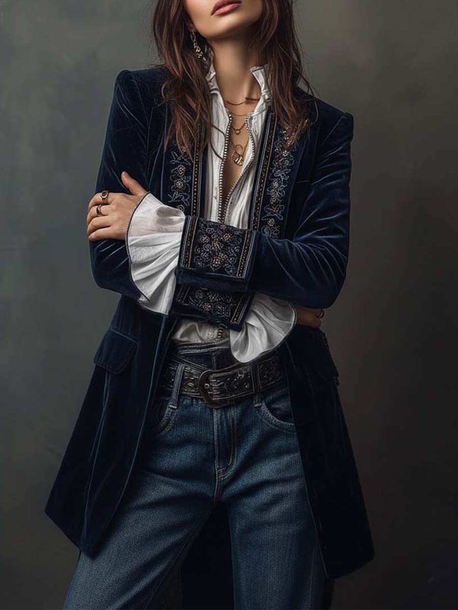 Athénaïs | Long Embroidered Vintage Navy Jacket