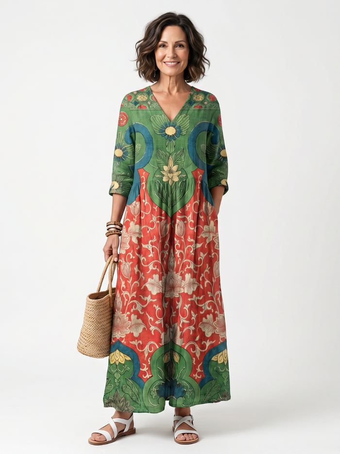 Simone | Robe Midi à Motifs Mélangés et Col en V