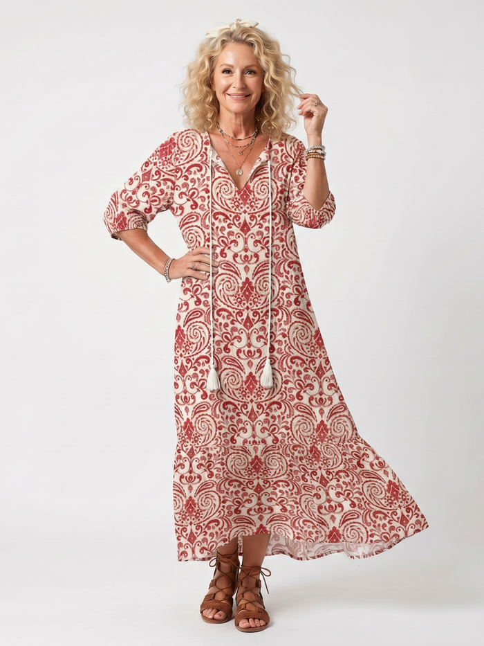 Nadine | Robe Midi à Motif Ornemental et Lanières
