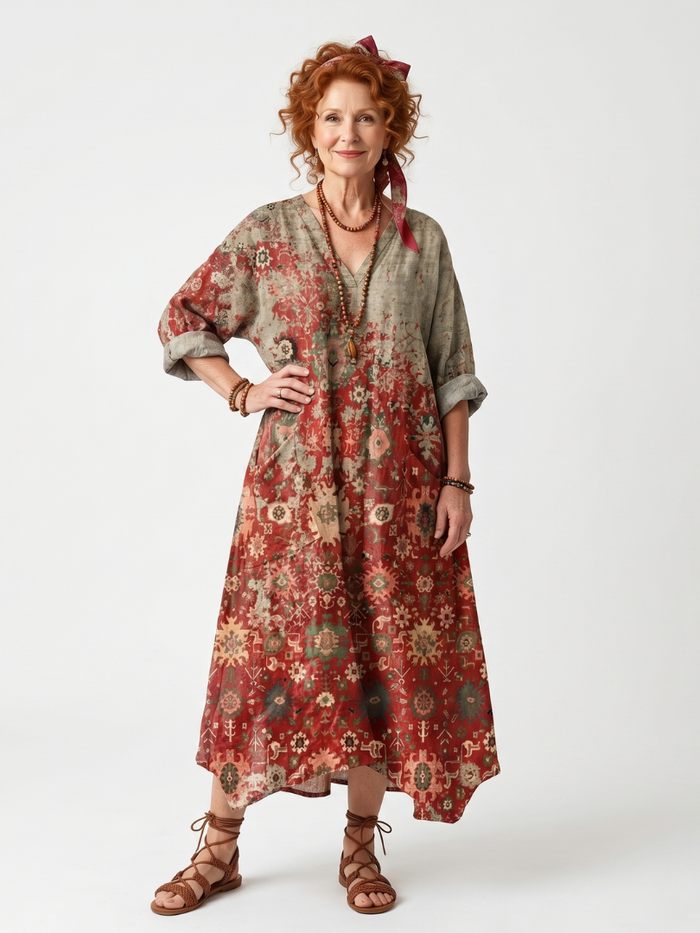 Jacqueline | Robe Midi à Motifs Mélangés