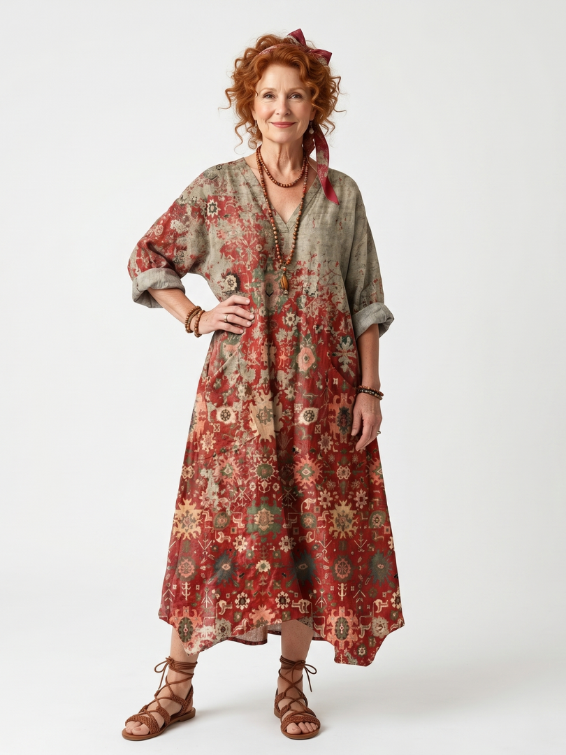 Jacqueline | Robe Midi à Motifs Mélangés