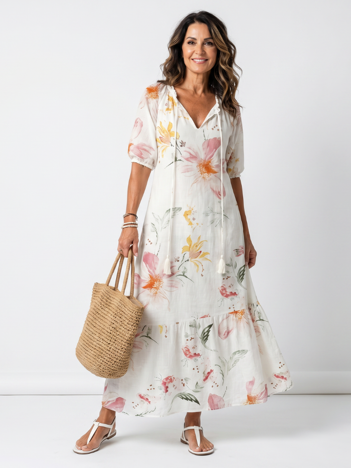 Violaine | Robe Midi Fleurie à Étages et Lanières