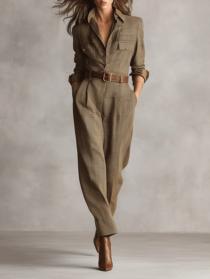 Célia | Brown Check Jumpsuit with Utility Details