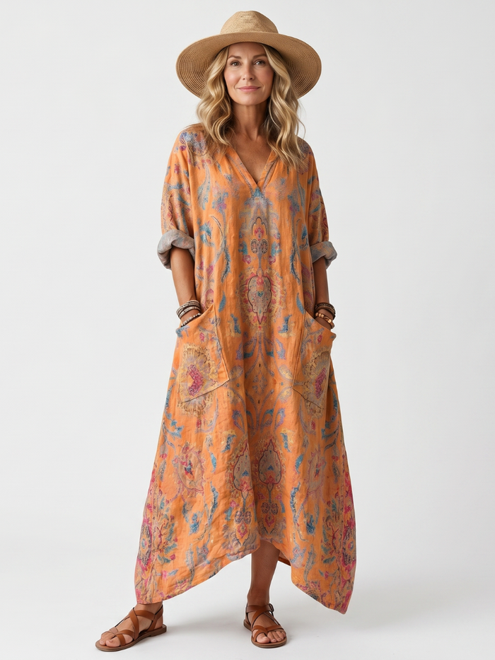 Joséphine | Robe Midi Imprimée à Col Cranché et Poches