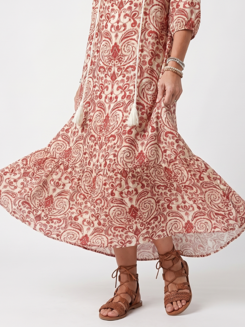 Nadine | Robe Midi à Motif Ornemental et Lanières