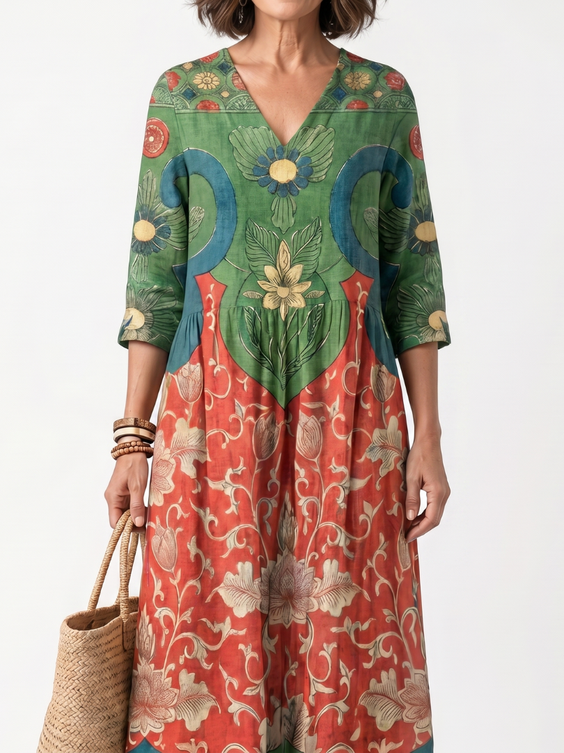 Simone | Robe Midi à Motifs Mélangés et Col en V