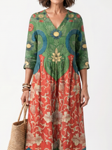 Simone | Robe Midi à Motifs Mélangés et Col en V