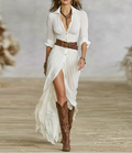Liliane | Pleated Linen-Blend Maxi Dress with Reverse Collar