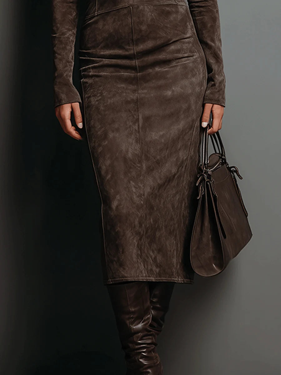 Lorène | Brown Midi Dress with High Collar