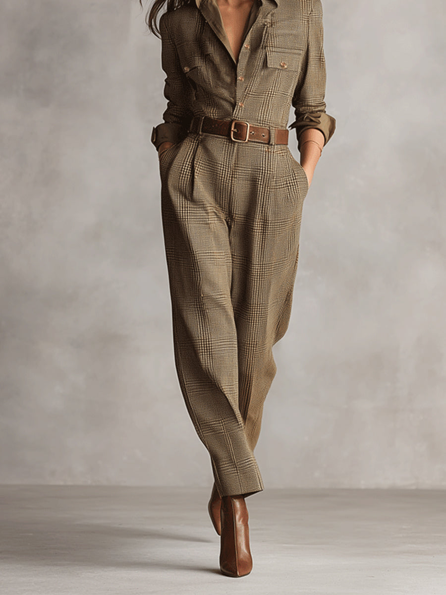 Célia | Brown Check Jumpsuit with Utility Details