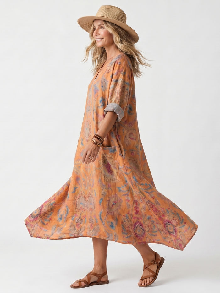 Joséphine | Robe Midi Imprimée à Col Cranché et Poches
