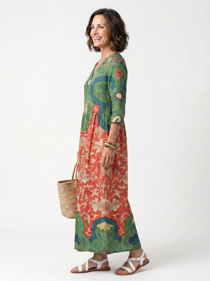 Simone | Robe Midi à Motifs Mélangés et Col en V