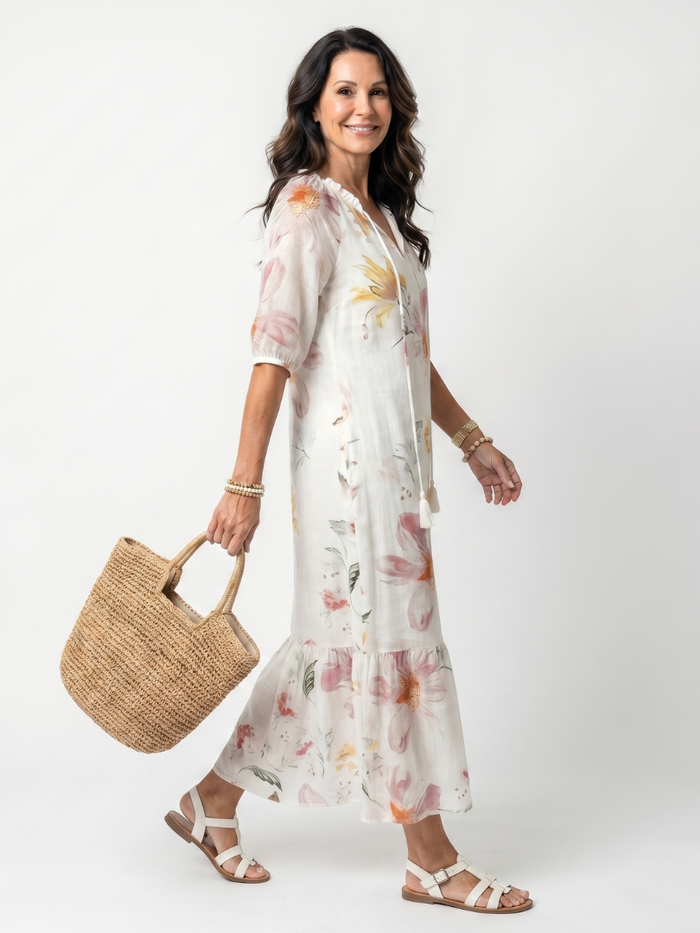Violaine | Robe Midi Fleurie à Étages et Lanières