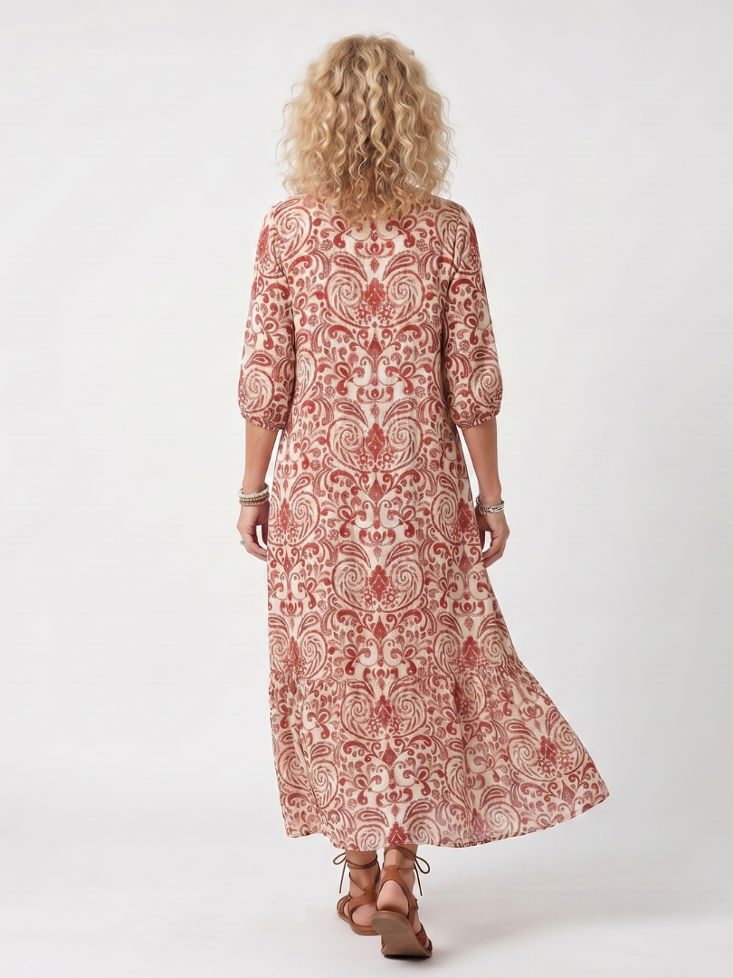 Nadine | Robe Midi à Motif Ornemental et Lanières