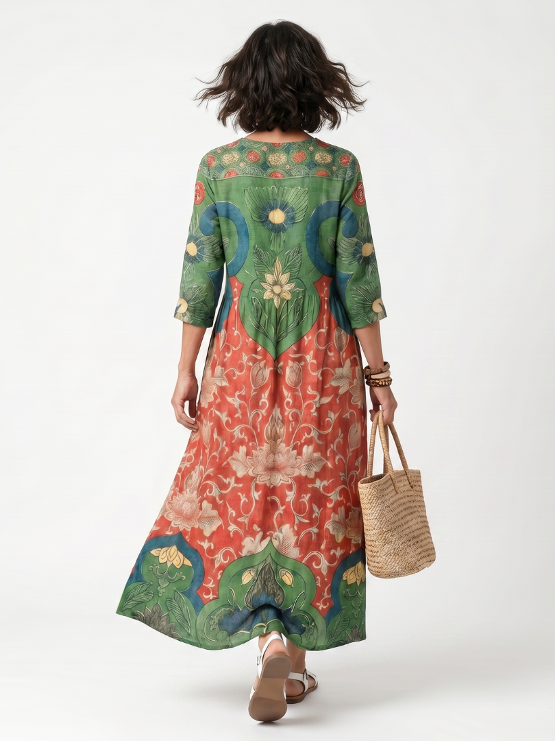 Simone | Robe Midi à Motifs Mélangés et Col en V