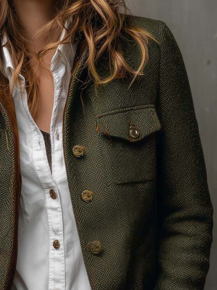 Honorine | Vintage Chevron Contrast-Trim Blazer