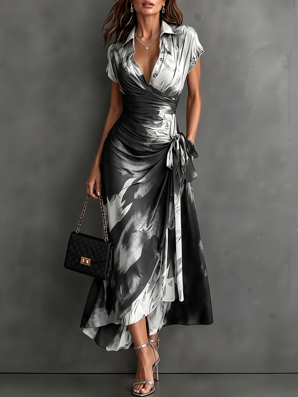 Red Black Abstract Print Wrap Midi Dress