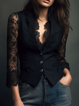 Noémie | Black Blazer Top with Sheer Sleeves