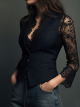 Noémie | Black Blazer Top with Sheer Sleeves
