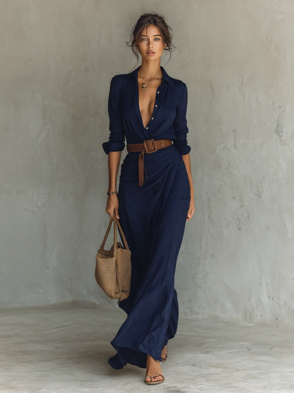 Victorie | Long Flowing Wrap-Collar Dress