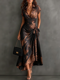 Brown Black Abstract Print Wrap Midi Dress