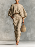 Paule | Khaki Long-Sleeve Top and Skirt Set