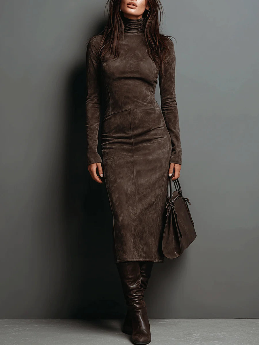 Lorène | Brown Midi Dress with High Collar