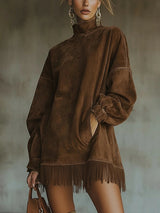 Maëlle | Faux Suede High-Collar Dress with Fringe