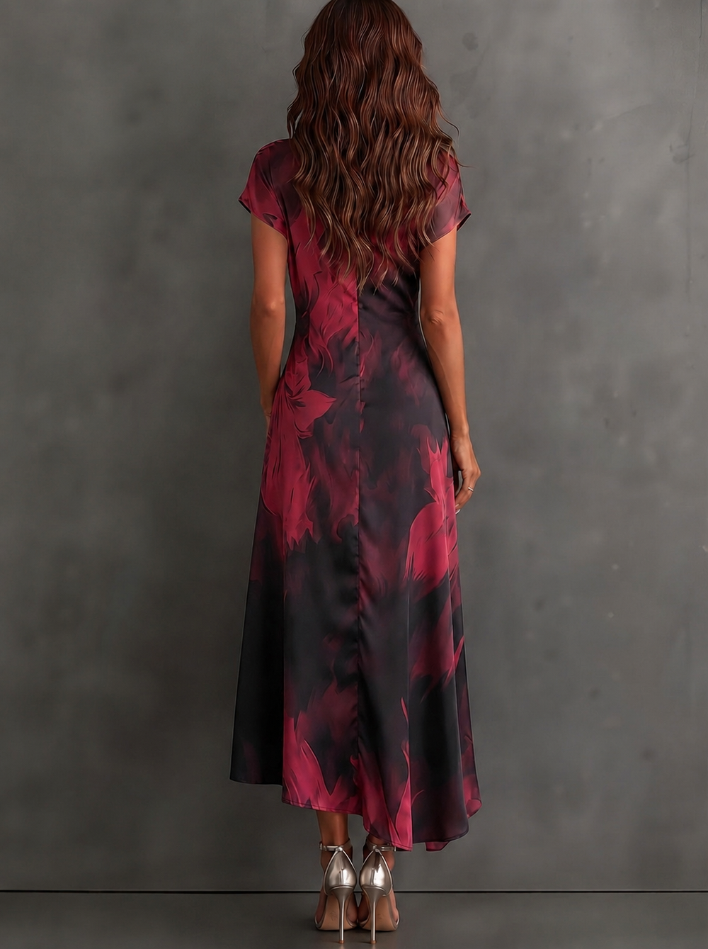 Red Black Abstract Print Wrap Midi Dress
